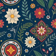 Vibrant Floral Pattern with Colorful Flowers and Leaves Design