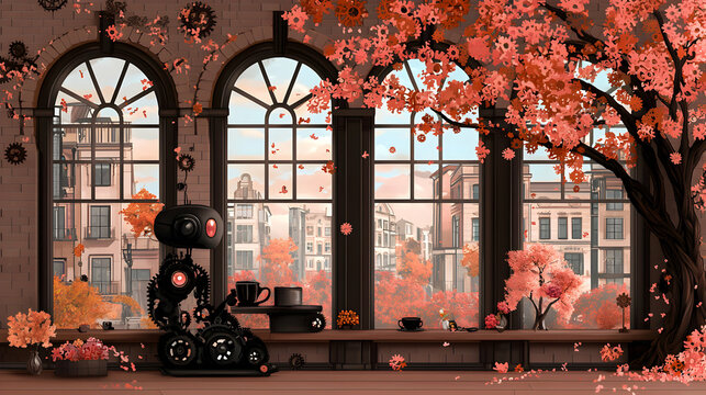 Robot Sitting by Window with City View and Pink Blossoms