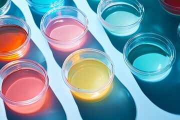 A close-up of Petri dishes, each containing a unique sample of gel cosmetic products, against a stark blue backdrop, illuminated by hard, dramatic shadows, highlighting t