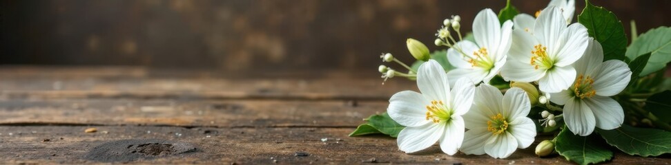 Delicate white wedding flower arrangement on a wooden table, decor, wedding