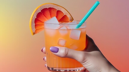 Elegant hand holding a tropical cocktail with a grapefruit slice, bright straw, and ice, set against a warm, colorful backdrop, evoking a relaxed vacation atmosphere.

