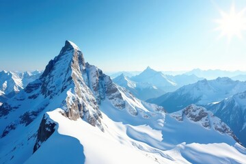 Fototapeta premium Snowy mountain peak, pristine white, sunlight reflecting, holy, cold, panorama