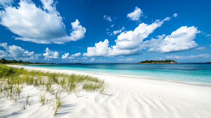 Obraz premium Pristine White Sand Beach Paradise with Turquoise Water and Cumulus Clouds Under a Bright Blue Sky