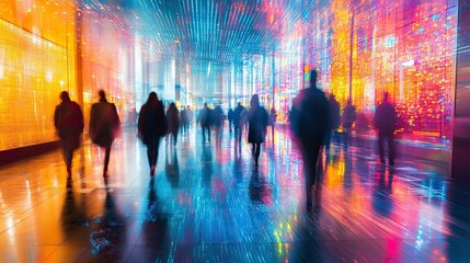 Blurry silhouettes of people walking through a colorful illuminated hallway, evoking a futuristic cityscape 