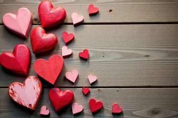 Obraz premium Rustic Wooden Background Adorned with an Array of Charming Heart-Shaped Ornaments in Shades of Red and Pink