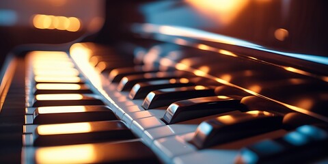 Artistic view of piano keys with golden light accentuating the contrast between black and white keys, emphasizing the timeless elegance of classical music instruments.


