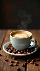 Fototapeta premium Espresso coffee cup surrounded by coffee beans on a rustic wooden table, antique, rustic