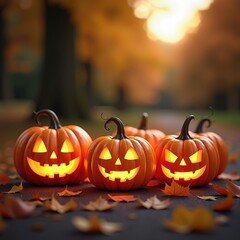 Fototapeta premium Group of Carved Jack-o'-Lantern Pumpkins with Glowing Faces and Autumn Leaves on Dark Ground
