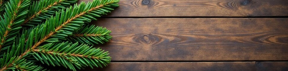 Fir tree branches on a rustic wooden background,  natural,  holiday decor,  indoor