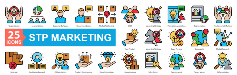 STP Marketing icon sheet vector concept with target market, segmentation, customer behavior, recommendation, market positioning, crm, marketing strategy, promotion application, segmentation, customer