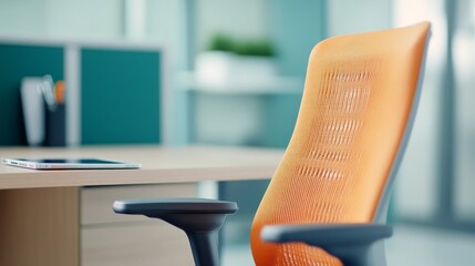 Modern office interior featuring an ergonomic orange chair beside a wooden desk with a tablet