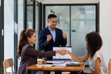 Business handshake for teamwork of business merger and acquisition,successful negotiate,hand shake,two businessman shake hand with partner to celebration partnership and business deal concept
