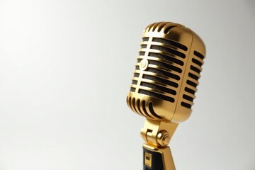 Fototapeta premium Close-up shot of a single gold microphone on white background, style, object