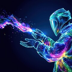Abstract glowing human figure with colorful particles and light trails