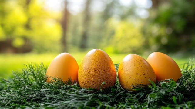 Four decorated Easter eggs nestled within vibrant green grass