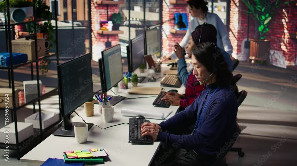 Poster multiethnic team of call center agents answering clients technical inquiries about hardware issue. m