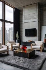 Fototapeta premium Generative AI, Modern concrete living room with boucle chairs and red vase
