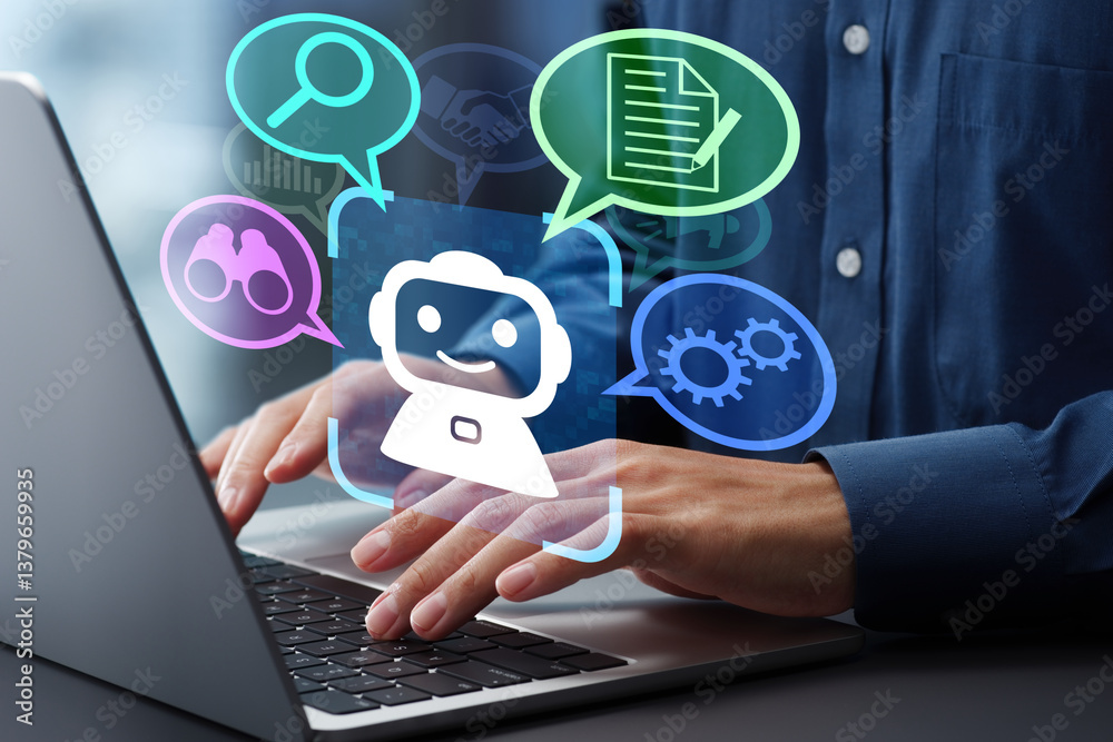 Poster AI agent robot supporting business processes with automation technology. Generative artificial intelligence analyzing data and generating reports. Businessman using laptop computer.
