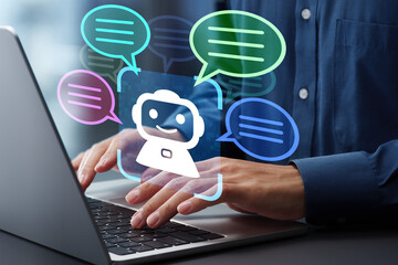 AI agent chat service and customer support. Artificial intelligence helping and assisting customer. Man using laptop computer to ask questions to AI at desk.