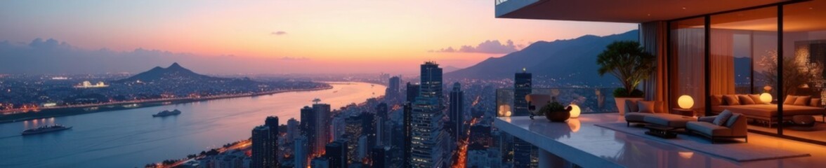 Fototapeta premium Luxurious high-rise apartment with city views , floor-to-ceiling windows, sophisticated ambiance, chic decor