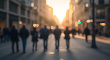 Fototapeta premium A blurred city street with pedestrians and sunset, ideal for urban and transportation industry stock photography.