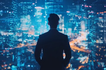 A futuristic businessman envisions the future, where a blockchain-powered ecosystem fosters decentralization, security, and trust.  Smart contracts automate transactions,