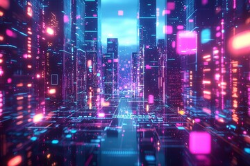 Obraz premium A vibrant backdrop of neon cubes and data streams, generated by generative AI technology, pulsates with the promise of the future. A futuristic cityscape, rendered in vir