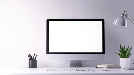 Fototapeta premium Modern workspace featuring a sleek computer, minimalist decor, and a potted plant on a desk
