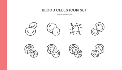 Blood Cells Vector Icons Set. Editable Linear Illustrations of Red, White, Platelet Cells, Lymphocytes, Monocytes, Granulocytes and Hematology Elements