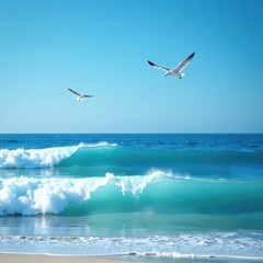 Naklejka premium Ocean waves on a calm blue striped background with seagulls flying in the distance , nature, gulls
