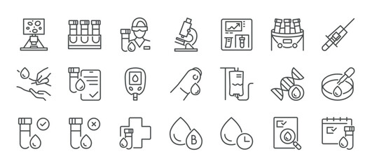Medical Laboratory and Blood Testing Icons Set. Thin Linear Illustrations of Technician, Microscope, DNA, Injection, Glucose Meter, Sample Vials, Petri Dish, Magnifier, Calendar and Report
