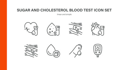 Sugar and Cholesterol Blood Test Icons Set. Linear Vector Symbols of Heart, Glucose, Veins, Arteries, Blood Cells, Fingerstick, Test Tube and Glucometer