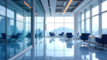 Modern corporate workspace with open floor plan. Sleek interiors, glass partitions and lush plants blend seamlessly with the panoramic cityscape, making it an ideal office. Blurred background.