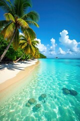 Palm tree-lined beach with crystal clear water and coral reef, beach scene, underwater life, palm trees