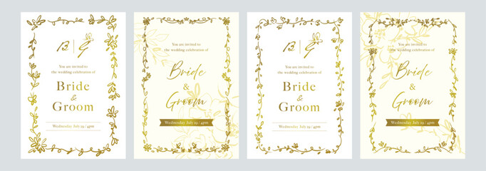 Wedding invitation card set with hand painted gold ornate vintage frames and scroll elements. Classic calligraphy swirls, swashes, botanical motifs. Swirl ornament stroke for greeting cards.