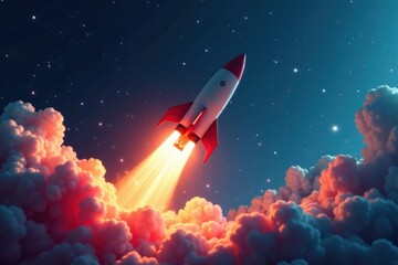 Rocket blasting off with chart rising in background , blue, startup, chart