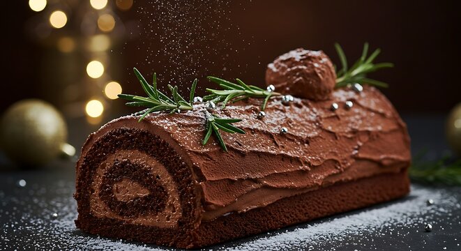 Chocolate Yule Log Cake Being Dusted with Powdered Sugar Delicious Treat