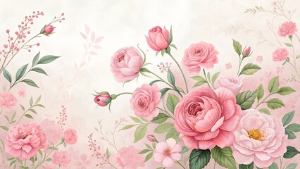 Whispering Petals: An artistic display of soft pink roses, meticulously painted, creating a harmonious floral arrangement that evokes feelings of grace and delicacy.