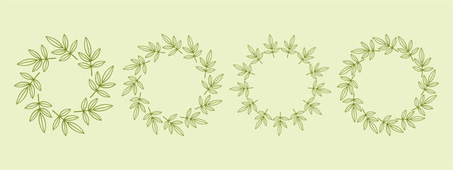 Simple flower circle frame set. Hand drawn green round line border, leaves and flowers, wedding invitation and cards, logo design and posters template. Elegant minimal style floral isolated set