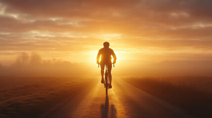 Cyclist riding on open road at sunrise, creating serene silhouette