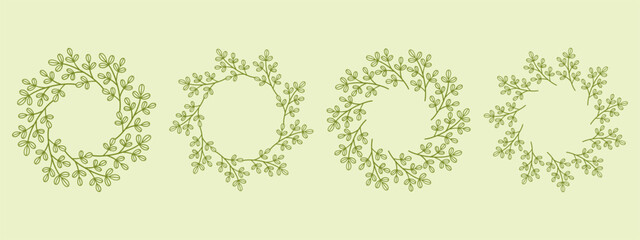 Simple flower circle frame set. Hand drawn green round line border, leaves and flowers, wedding invitation and cards, logo design and posters template. Elegant minimal style floral isolated set