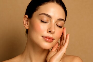 Close-Up Beauty Portrait of a Young Woman with Glowing Skin, Natural Peach Makeup, Coral Lips, and Eyes Closed Touching Her Face – Realistic Studio Lighting on Beige Background