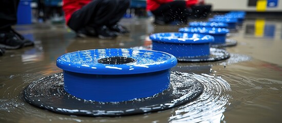 Several blue circular objects sitting on wet floor near people