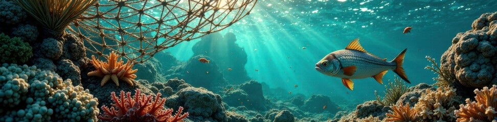 Fototapeta premium Vintage fishing net with fish and sea creatures inside , fish, marine life