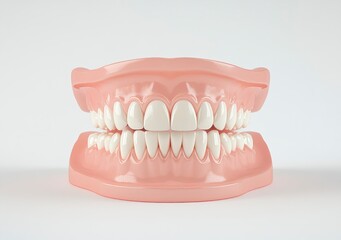 Obraz premium Examining Set of Dentures with Clean White Teeth on White Background