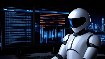 White Robot Working at Computer with Blue Data Screens at Night