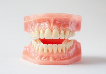 Fototapeta premium Viewing Model Dentures Showing Full Set of Teeth on White Background
