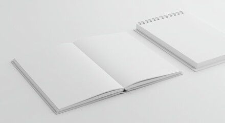 Notebook mockup. Closed and open blank notebook with white cover. Spiral notepad on white background