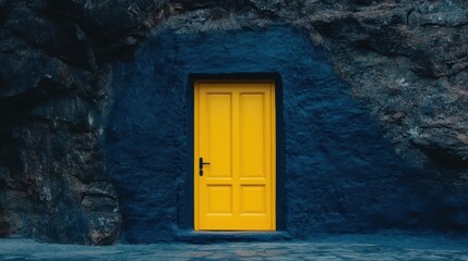 A bold yellow door set against a deep blue wall, creating a striking contrast in a peaceful setting.