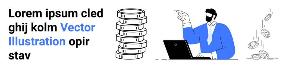 Businessman working on laptop, pointing at coin stack and falling coins, symbolizing wealth, savings, or investment. Ideal for finance, business strategy, planning, digital banking fintech wealth